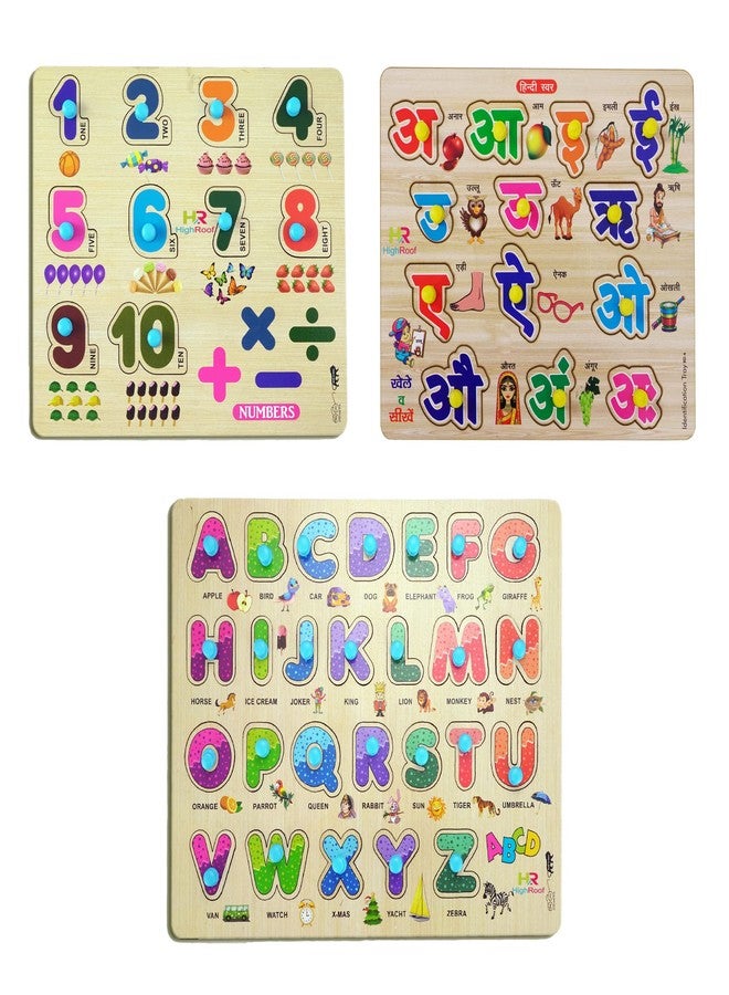 HIGHROOF® Kids Fort Pre Nursery Educational Jigsaw Puzzles for Adults Kids Learning Toys Kit Board Game 3 pcs Set of Numbers Alphabets & Hindi Letter Educational Toy - Image 1